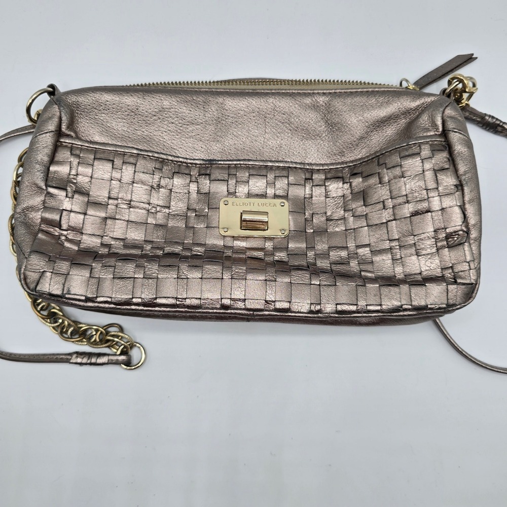 Elliott Lucca Gold Metallic Woven Leather Crossbody‎ Chain Bag Purse